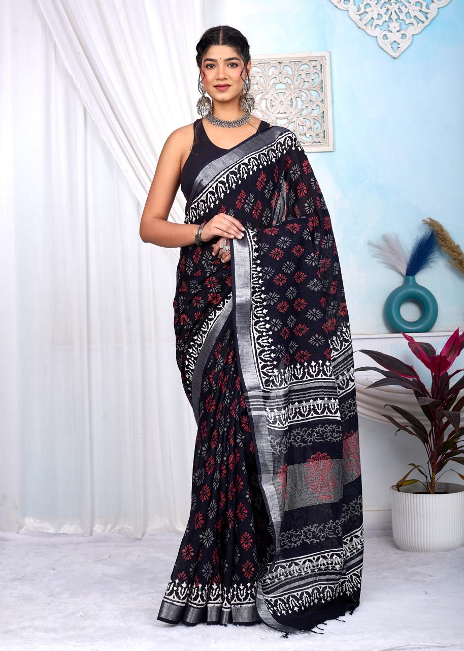 Black & White Bagru Linen Cotton Hand Block Saree With Blouse Piece - BFSGLCA1