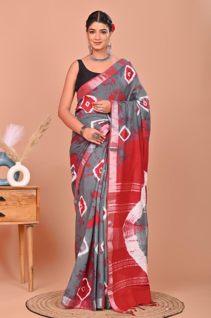 Linen Cotton Bagru Hand Block Saree With Blouse Piece - BFSGLCA20