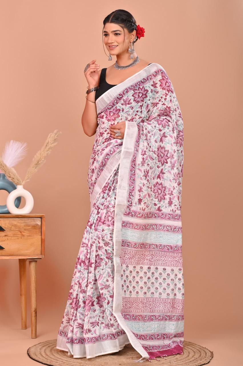 Linen Cotton Bagru Hand Block Saree With Blouse Piece - BFSGLCA21