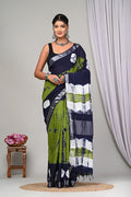 Navy Blue & Olive Green Shibori Tie-Dye Bagru Hand Block Linen Cotton Saree With Blouse Piece