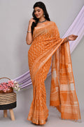 Mustard Yellow & Off-White Floral Buti Bagru Hand Block Linen Cotton Saree With Blouse Piece