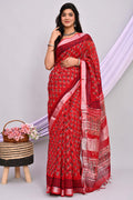 Red & Black Floral Buti Bagru Hand Block Linen Cotton Saree With Blouse Piece