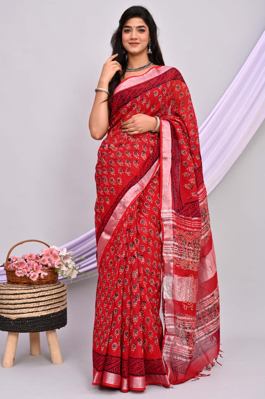 Linen Cotton Bagru Hand Block Saree With Blouse Piece - BFSGLCA25