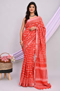 Red & Off-White Leaf Motif Bagru Hand Block Linen Cotton Saree With Blouse Piece