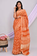 Rust Orange & Off-White Leaf Motif Bagru Hand Block Linen Cotton Saree With Blouse Piece