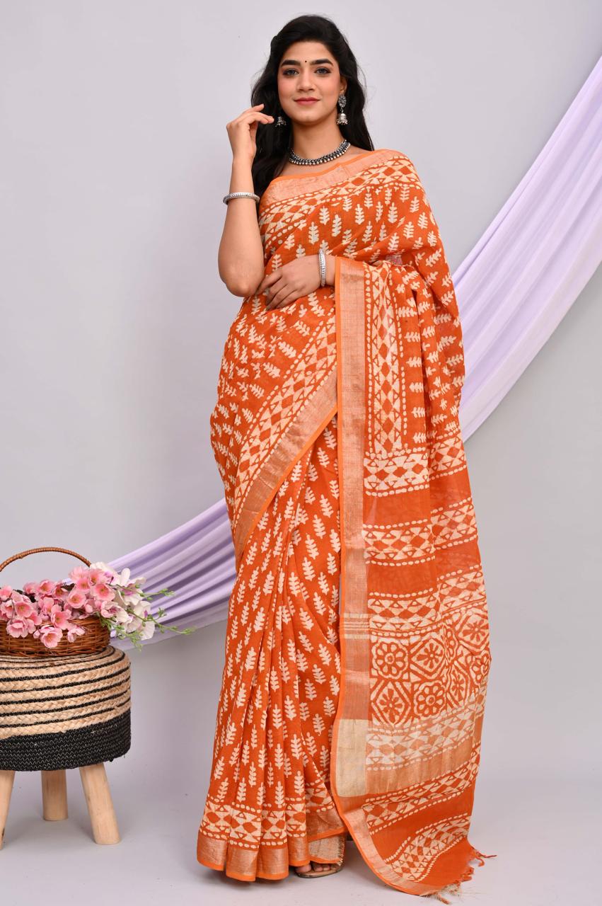 Linen Cotton Bagru Hand Block Saree With Blouse Piece - BFSGLCA27