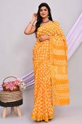 Mustard Yellow & Off-White Geometric Buti Print Bagru Hand Block Linen Cotton Saree With Blouse Piece