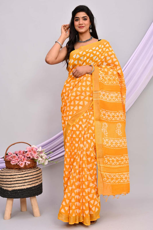 Linen Cotton Bagru Hand Block Saree With Blouse Piece - BFSGLCA28