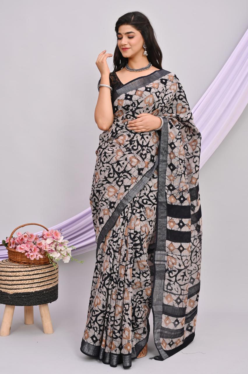 Linen Cotton Bagru Hand Block Saree With Blouse Piece - BFSGLCA29