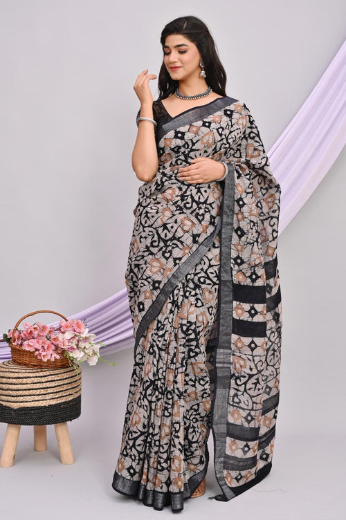 Black & Beige Geometric Buti Bagru Hand Block Linen Cotton Saree With Blouse Piece