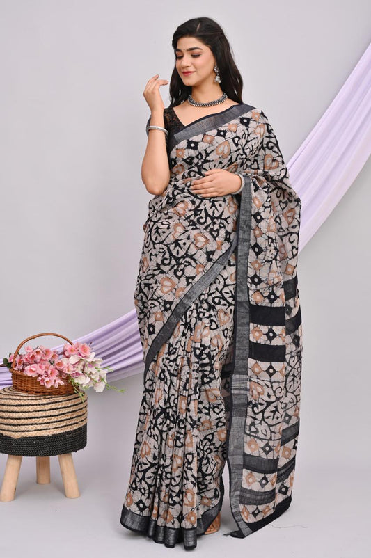 Linen Cotton Bagru Hand Block Saree With Blouse Piece - BFSGLCA29