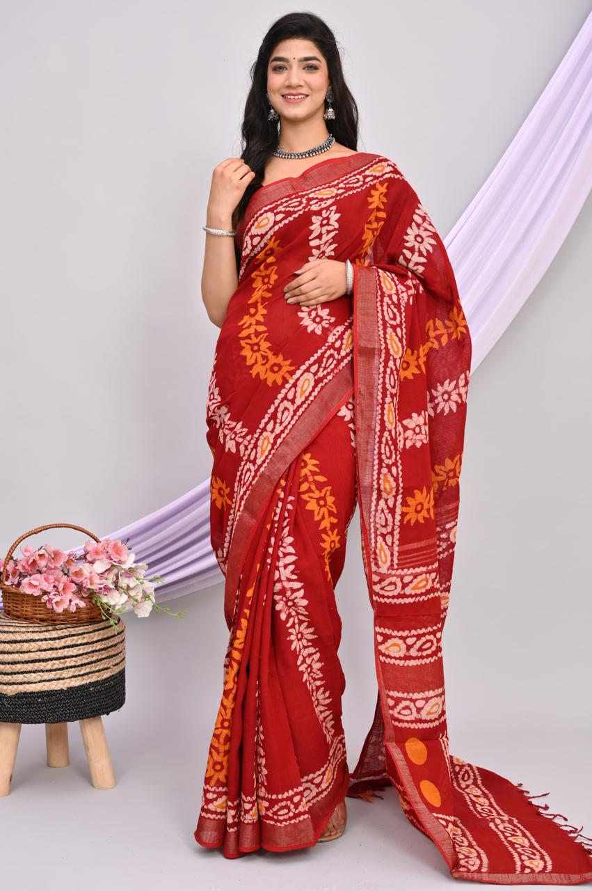 Linen Cotton Bagru Hand Block Saree With Blouse Piece - BFSGLCA30