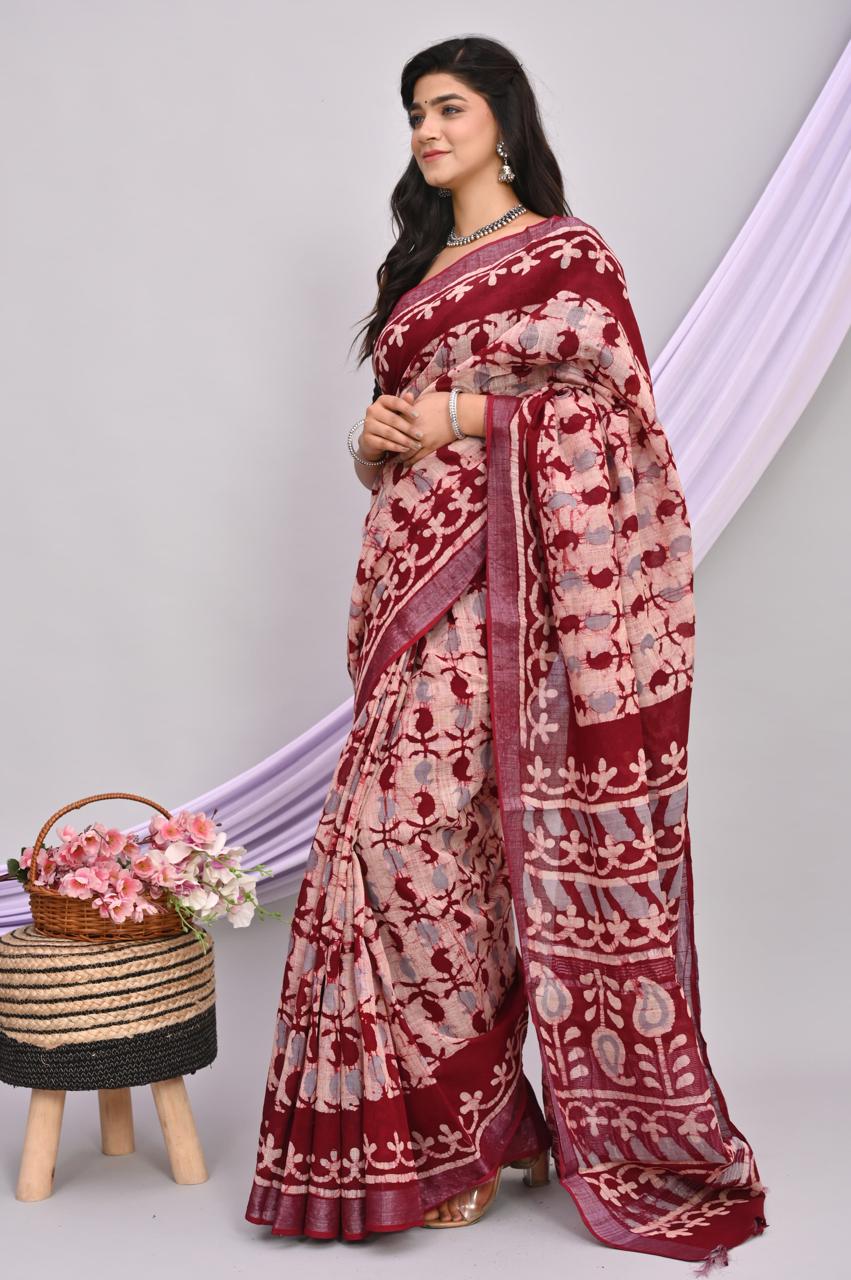 Linen Cotton Bagru Hand Block Saree With Blouse Piece - BFSGLCA32