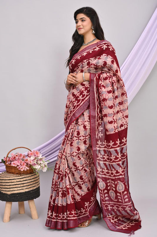 Linen Cotton Bagru Hand Block Saree With Blouse Piece - BFSGLCA32