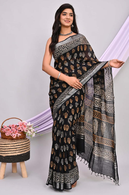 Black & Beige Paisley Motifs Bagru Hand Block Linen Cotton Saree With Blouse Piece