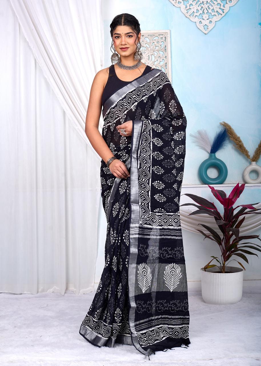 Black & White Bagru Linen Cotton Hand Block Saree With Blouse Piece - BFSGLCA3