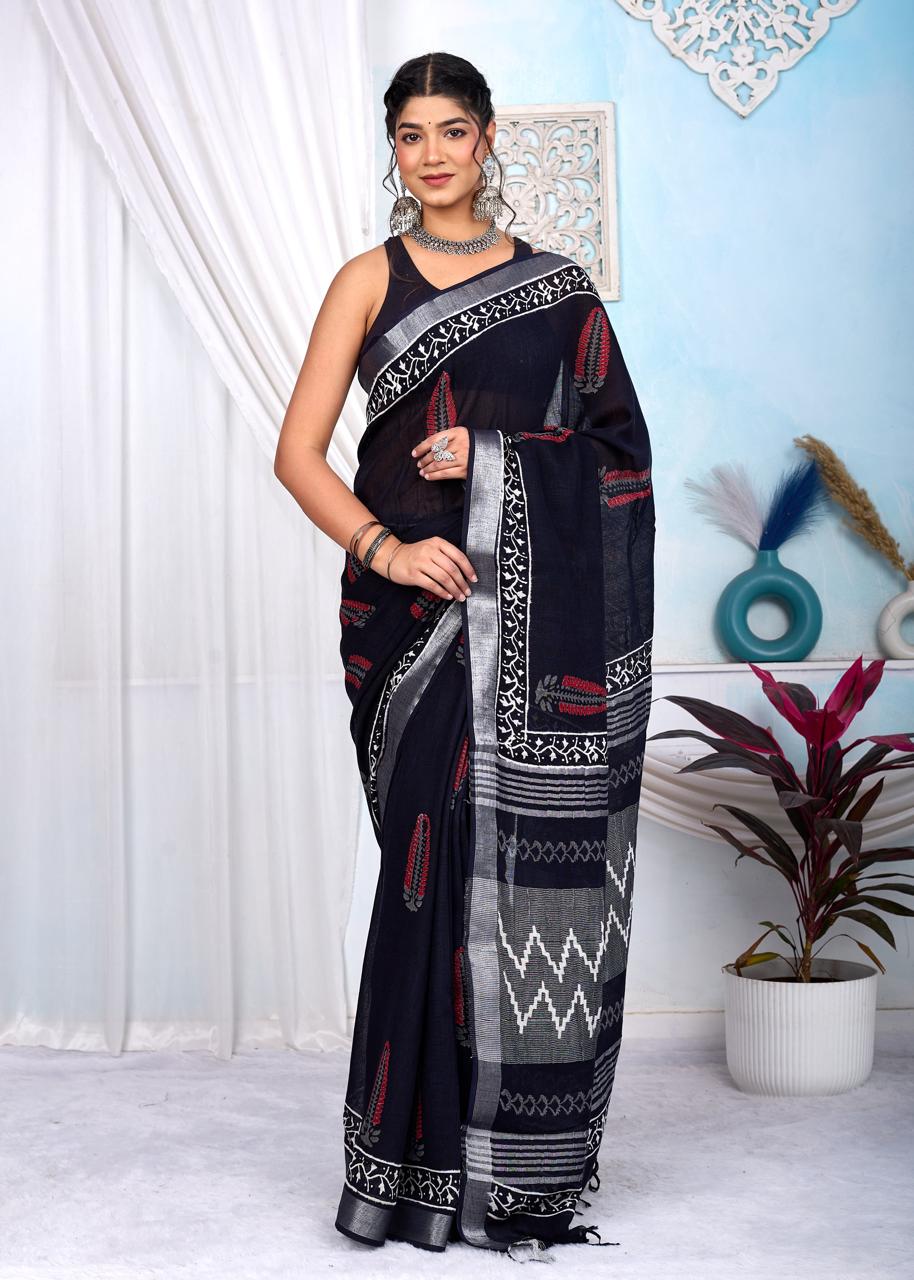 Black & White Bagru Linen Cotton Hand Block Saree With Blouse Piece - BFSGLCA4