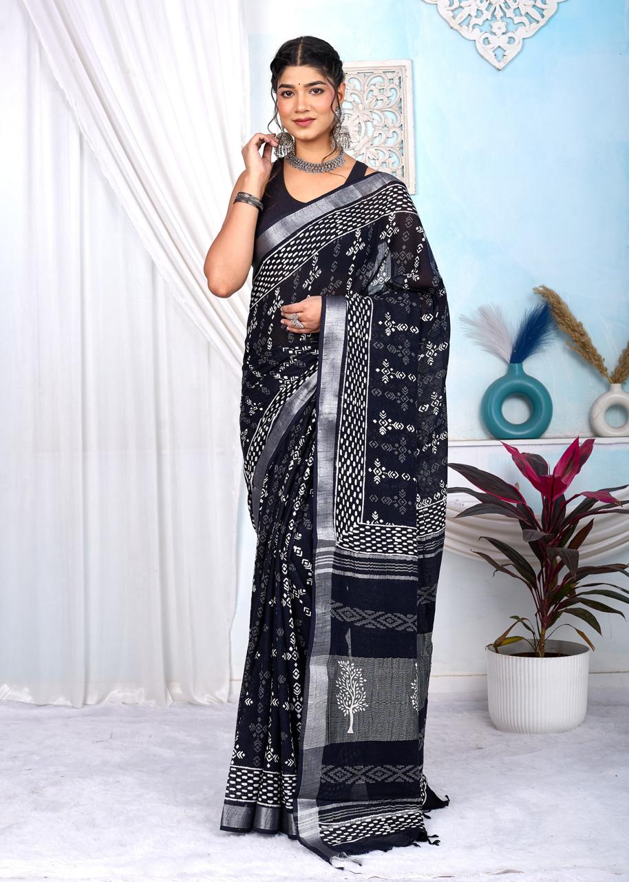 Black & White Bagru Linen Cotton Hand Block Saree With Blouse Piece - BFSGLCA5
