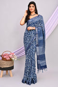 Indigo Blue & White Floral Jaal Dabu Linen Cotton Hand Block Saree With Blouse Piece