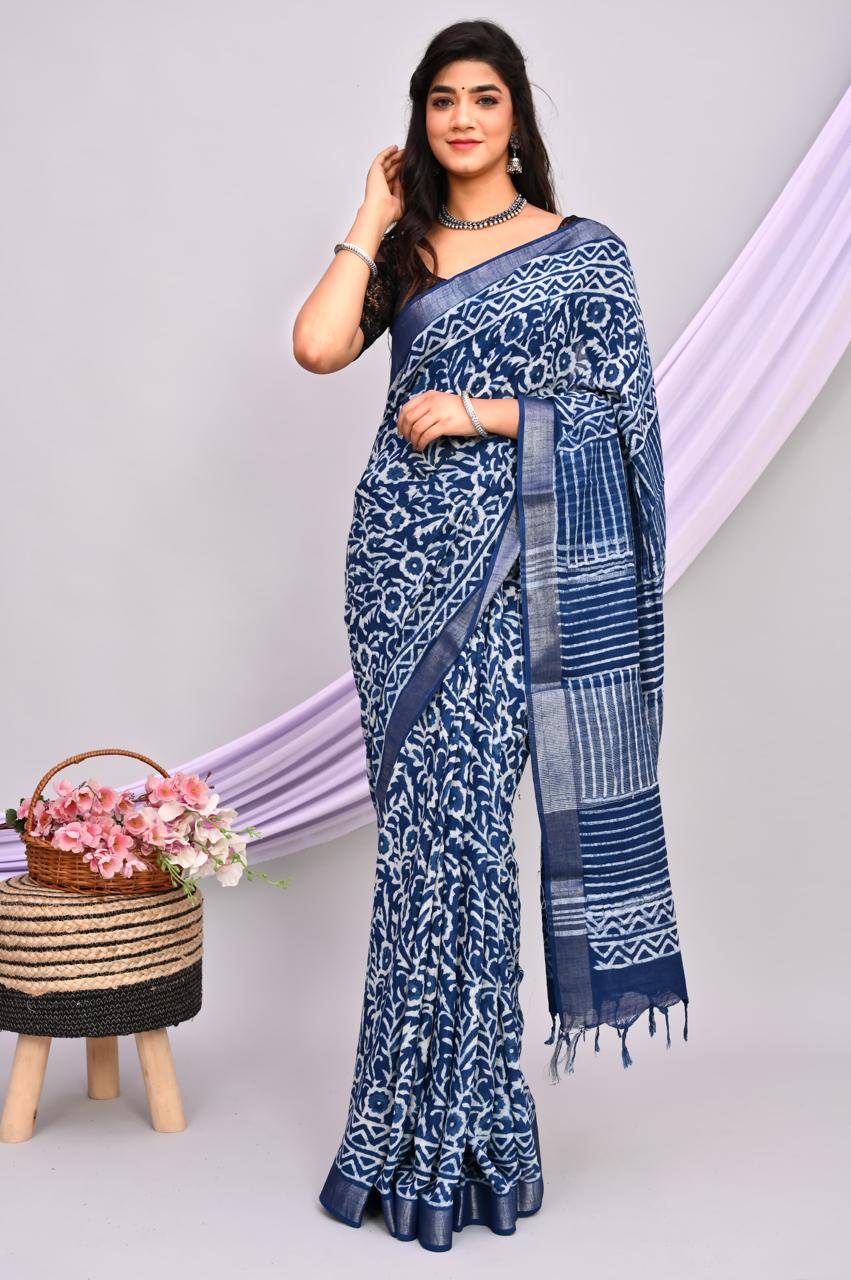 Indgo Dabu Linen Cotton Hand Block Saree With Blouse Piece - BFSGLCA6