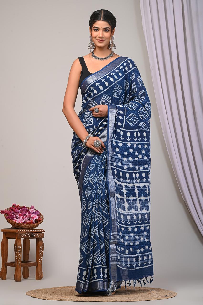 Indgo Dabu Linen Cotton Hand Block Saree With Blouse Piece - BFSGLCA8