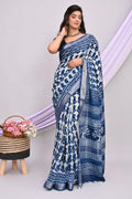 Indigo Blue & Off-White Paisley & Tree Motif Dabu Linen Cotton Hand Block Saree With Blouse Piece
