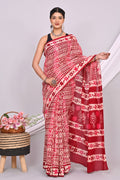 Maroon & Off-White Geometric Batik Print Bagru Hand Block Printed Mul Cotton Saree With Blouse Piece