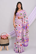 Purple & Off-White Geometric Motifs Batik Hand Block Printed Mul Cotton Saree With Blouse Piece