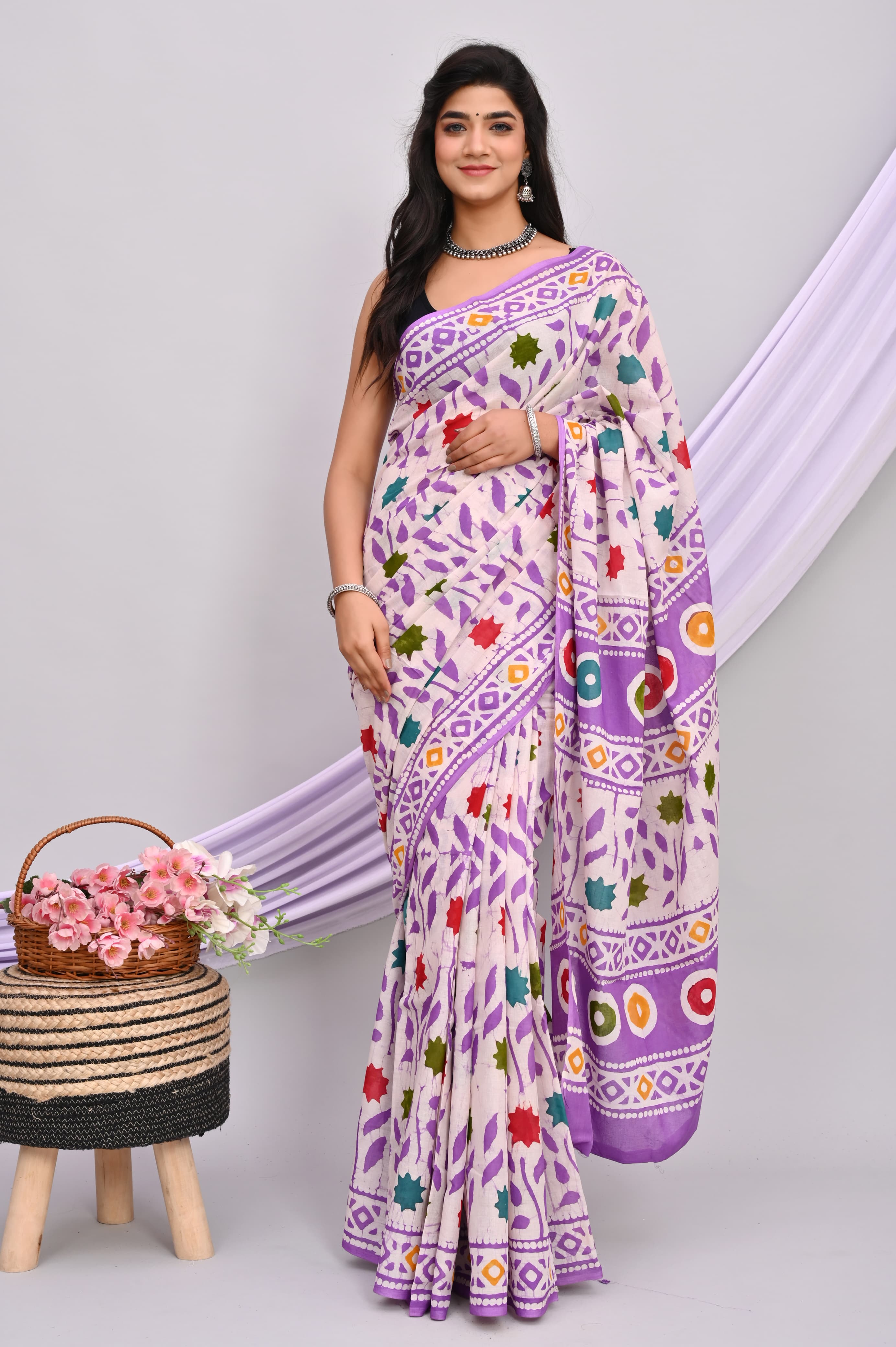 Batik Hand Block Printed Cotton Saree With Blouse Piece - BFSGC46