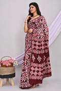 Maroon & Off-White Geometric Motifs Batik Hand Block Printed Mul Cotton Saree With Blouse Piece