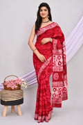 Red & Off-White Floral Motifs Batik Hand Block Printed Mul Cotton Saree With Blouse Piece