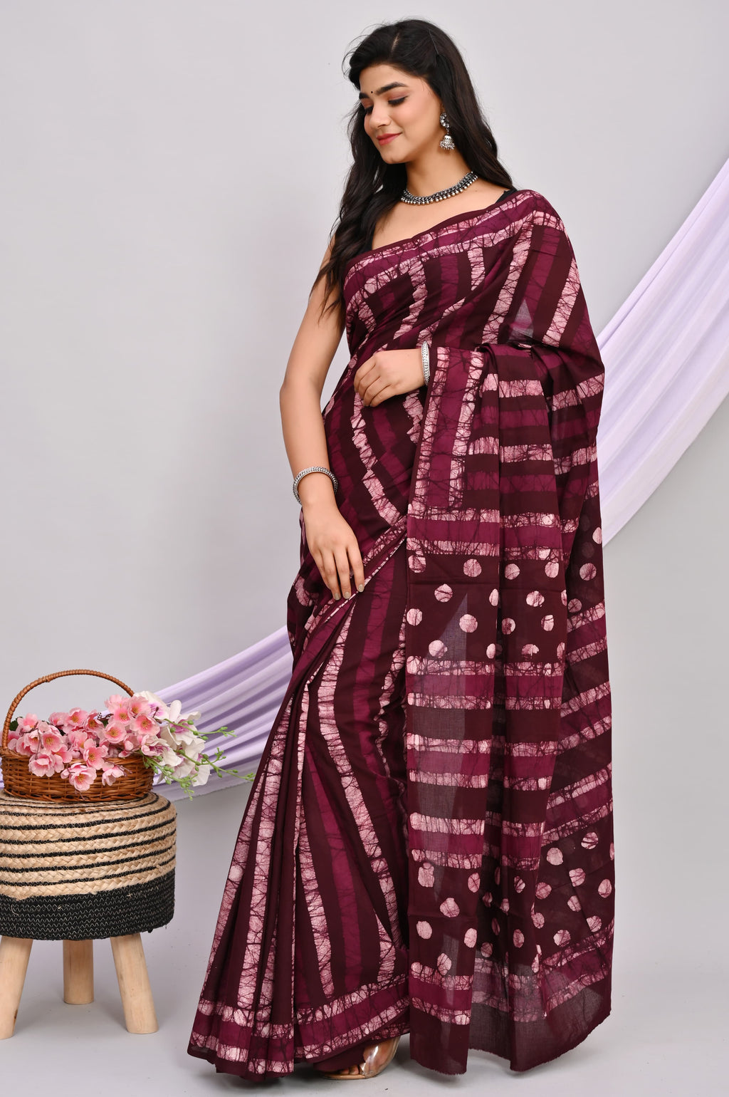 Batik Hand Block Printed Cotton Saree With Blouse Piece - BFSGC49