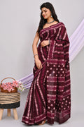 Maroon & Pink Geometric Striped Batik Hand Block Printed Mul Cotton Saree With Blouse Piece
