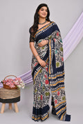 Navy Blue & Off-White Batik Floral Motif Bagru Hand Block Printed Mul Cotton Saree With Blouse Piece