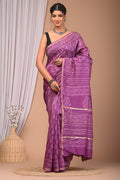 Purple & White Floral & Geometric Print Bagru Hand Block Printed Chanderi Silk Saree With Blouse Piece