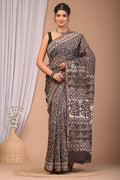 Brown & Off-White Floral Motifs Bagru Hand Block Printed Chanderi Silk Saree With Blouse Piece