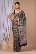 Olive Green & Off-White Floral Jaal Bagru Hand Block Printed Chanderi Silk Saree With Blouse Piece