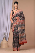Black & Red Floral Jaal Bagru Hand Block Printed Chanderi Silk Saree With Blouse Piece