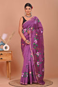 Purple & Green Floral Motifs Bagru Hand Block Printed Chanderi Silk Saree With Blouse Piece