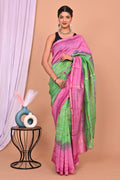 Pink & Green Floral Jaal Bagru Hand Block Printed Chanderi Silk Saree With Blouse Piece