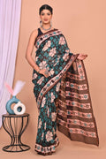 Brown & Beige Floral Motifs Bagru Hand Block Printed Chanderi Silk Saree With Blouse Piece