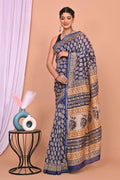 Indigo Blue & Beige Paisley Motifs Bagru Hand Block Printed Chanderi Silk Saree With Blouse Piece