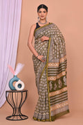 Olive Green & Off-White Geometric & Floral Bagru Hand Block Printed Chanderi Silk Saree With Blouse Piece