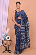Indigo Blue & Off-White Floral Buti Bagru Hand Block Printed Chanderi Silk Saree With Blouse Piece