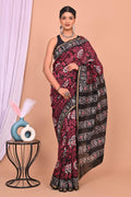 Maroon & Black Floral Block Print Chanderi Silk Saree With Blouse Piece