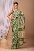 Olive Green & Off-White Buti Print Chanderi Silk Saree With Blouse Piece