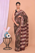 Maroon & Olive Green Striped Motifs Bagru Hand Block Printed Chanderi Silk Saree With Blouse Piece