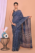 Indigo Blue & Off-White Geometric Chevron Hand Block Printed Chanderi Silk Saree With Blouse Piece