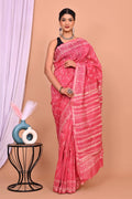 Pink & Off-White Floral Jaal Bagru Hand Block Printed Chanderi Silk Saree With Blouse Piece