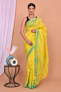 Yellow & Green Leheriya Stripe Bagru Hand Block Printed Chanderi Silk Saree With Blouse Piece